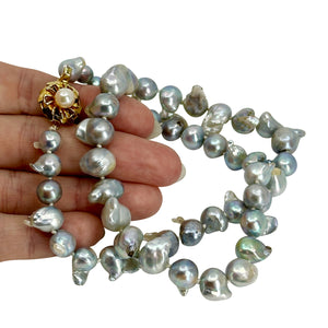 Baroque Fireball Blue Vintage Mid Century Japanese Saltwater Cultured Akoya Pearl Necklace - Silver Gold Plate 18.50 Inch