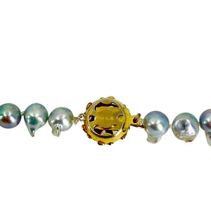 Baroque Fireball Blue Vintage Mid Century Japanese Saltwater Cultured Akoya Pearl Necklace - Silver Gold Plate 18.50 Inch