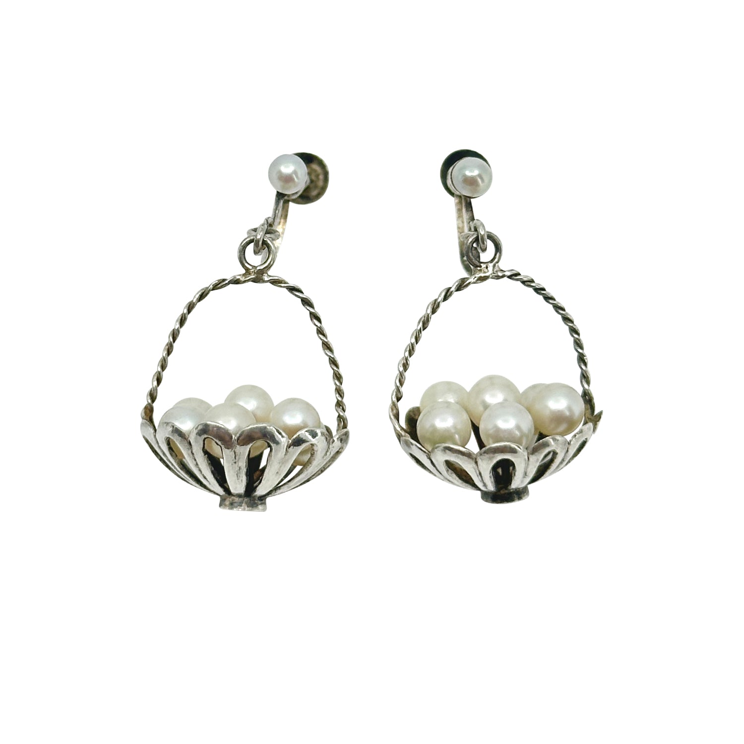 Basket Dangle Japanese Saltwater Akoya Cultured Pearl Screwback Earrings- Sterling Silver