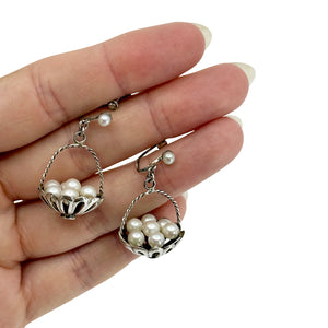 Basket Dangle Japanese Saltwater Akoya Cultured Pearl Screwback Earrings- Sterling Silver
