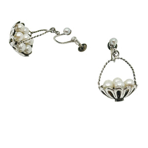 Basket Dangle Japanese Saltwater Akoya Cultured Pearl Screwback Earrings- Sterling Silver