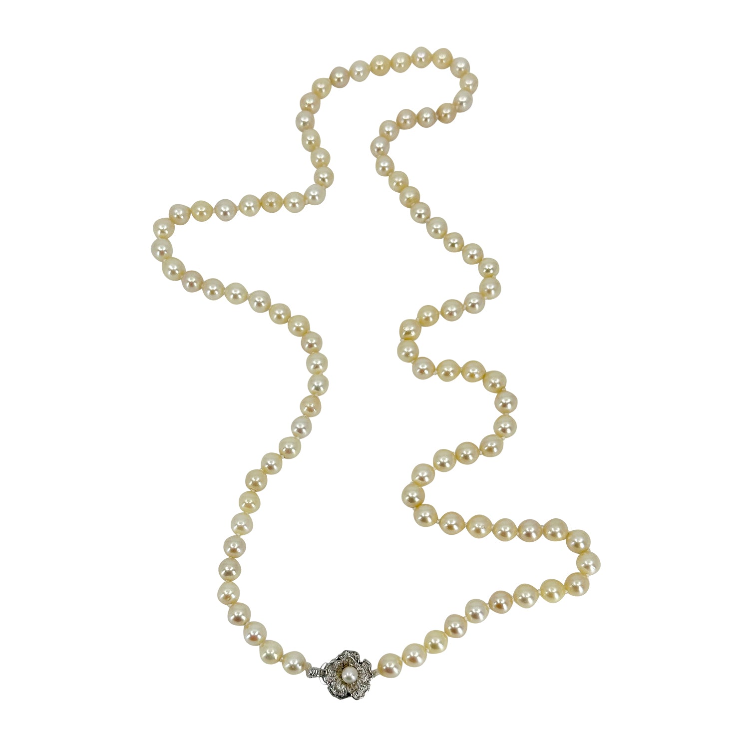 Cream Opera 7.00mm Japanese Saltwater Akoya Cultured Pearl Necklace - Sterling Silver 30.50 Inch