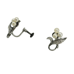 Leaf Engraved Triple Japanese Saltwater Akoya Cultured Pearl Screwback Earrings- Sterling Silver