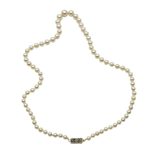 Diamond Filigree Mid-Century Japanese Saltwater Cultured Akoya Pearl Graduated Necklace - 14K White Gold 18 Inch