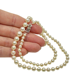 Diamond Filigree Mid-Century Japanese Saltwater Cultured Akoya Pearl Graduated Necklace - 14K White Gold 18 Inch