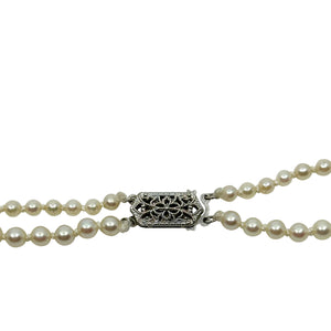 Double Strand Filigree Mid-Century Japanese Saltwater Cultured Akoya Pearl Graduated Necklace - 10K White Gold 17.50 Inch