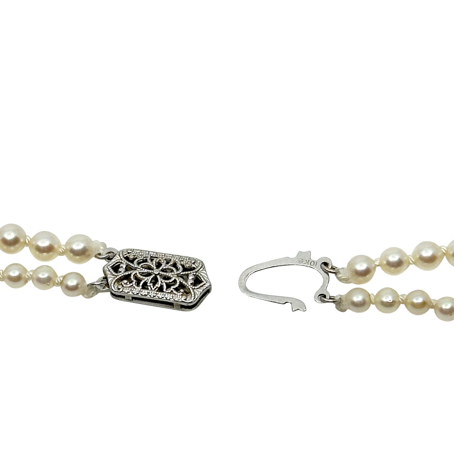 Double Strand Filigree Mid-Century Japanese Saltwater Cultured Akoya Pearl Graduated Necklace - 10K White Gold 17.50 Inch