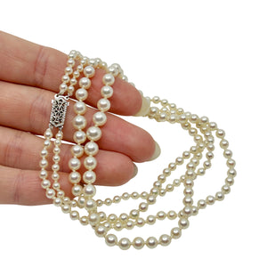 Double Strand Filigree Mid-Century Japanese Saltwater Cultured Akoya Pearl Graduated Necklace - 10K White Gold 17.50 Inch