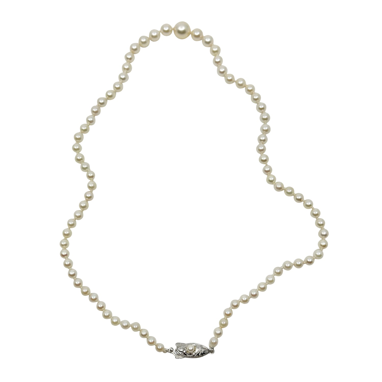 Retro Graduated Japanese Saltwater Akoya Cultured Pearl Necklace - Sterling Silver 17 Inch