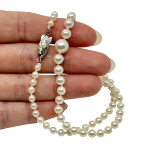 Retro Graduated Japanese Saltwater Akoya Cultured Pearl Necklace - Sterling Silver 17 Inch