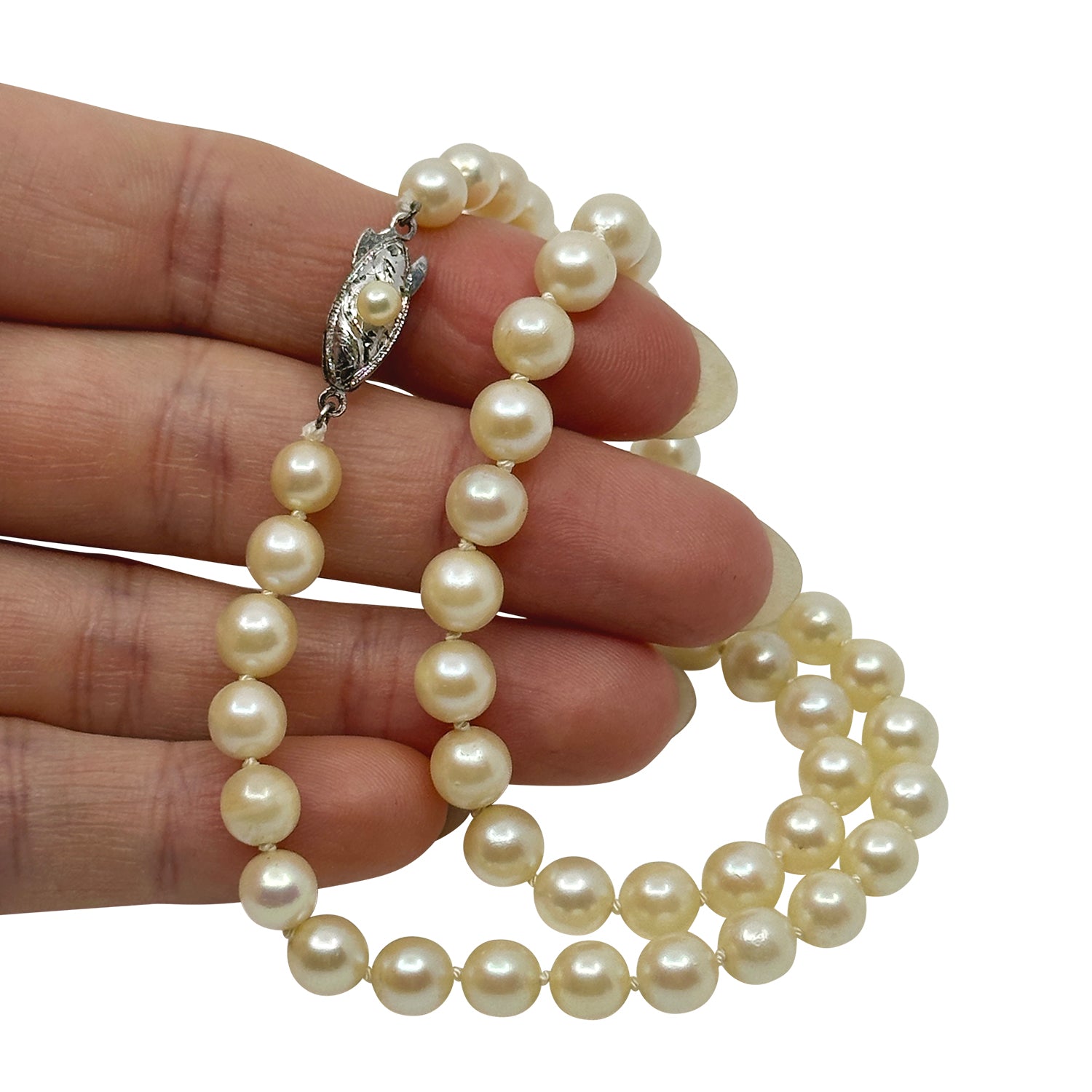 6.75mm Vintage Choker Japanese Saltwater Akoya Cultured Pearl Necklace - Sterling Silver 16 Inch