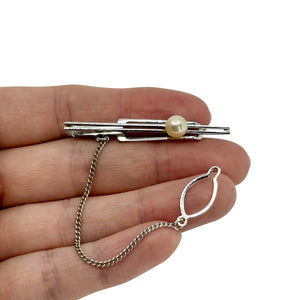 Minimalist Mid Century Men's Japanese Saltwater Akoya Cultured Pearl Vintage Tie Bar- Sterling Silver