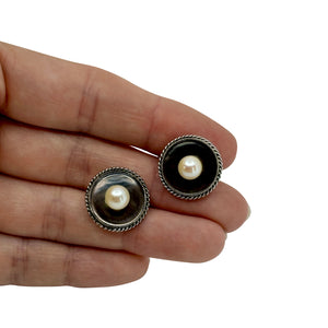 Black Mother of Pearl Vintage Japanese Saltwater Akoya Cultured Pearl Cufflinks- Sterling Silver