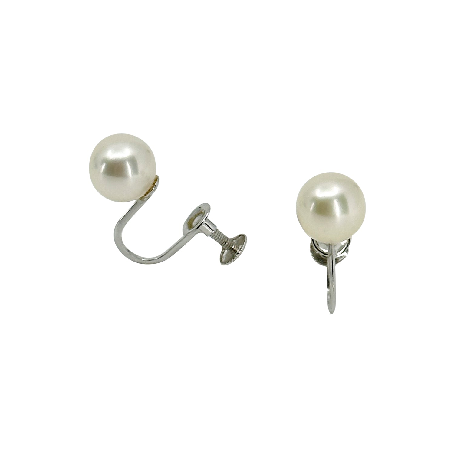 Vintage Solitaire Akoya Saltwater Cultured Pearl Screwback Earrings- 14K White Gold