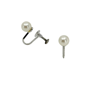 Vintage Solitaire Japanese Akoya Saltwater Cultured Pearl Screwback Earrings- Sterling Silver