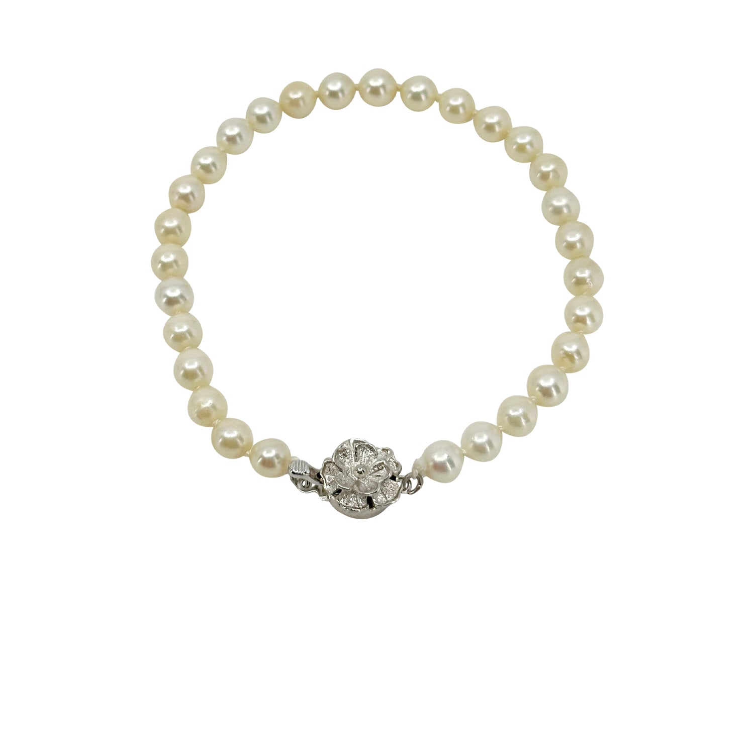 Petite Floral Japanese Saltwater Akoya Cultured Pearl Bracelet- Sterling Silver 8 Inch