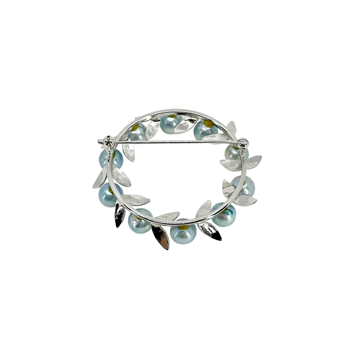 Maruwa Designer Blue Japanese Saltwater Akoya Cultured Pearl Vintage Circle Wreath Brooch- Sterling Silver