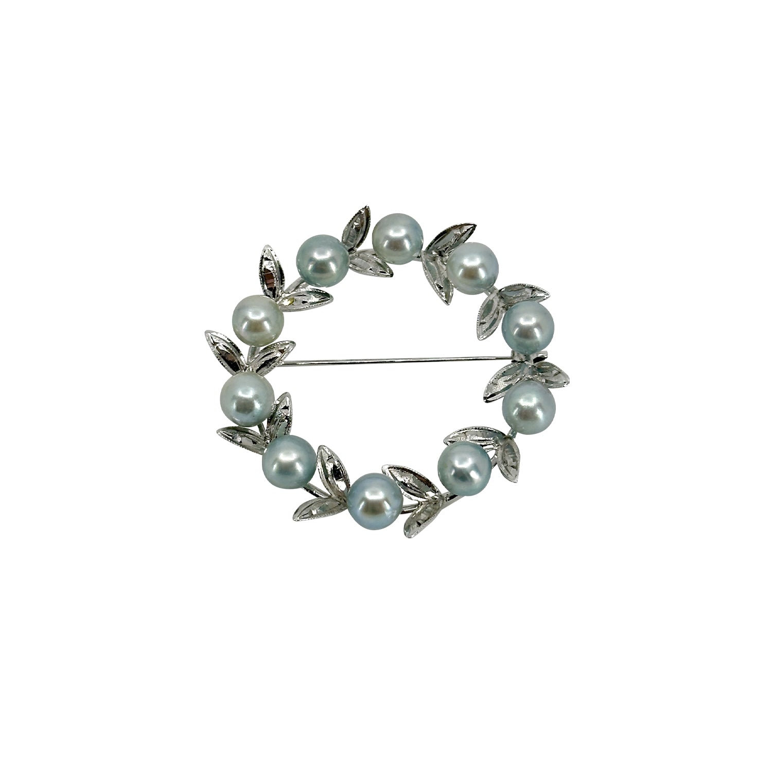 Maruwa Designer Blue Japanese Saltwater Akoya Cultured Pearl Vintage Circle Wreath Brooch- Sterling Silver