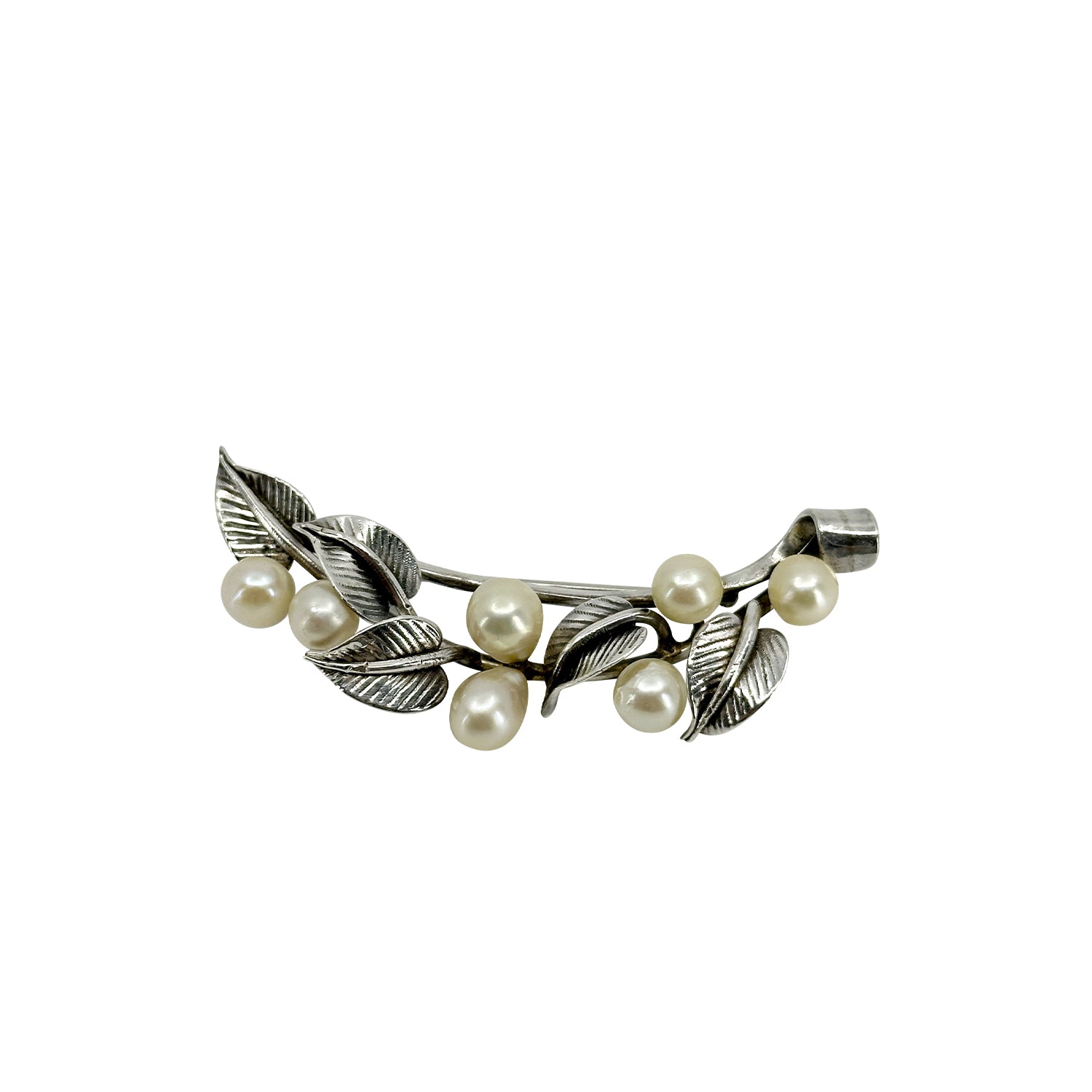 Mings Of Honolulu Vintage Hawaii Textured Leaf Akoya Saltwater Cultured Pearl Brooch - Sterling Silver