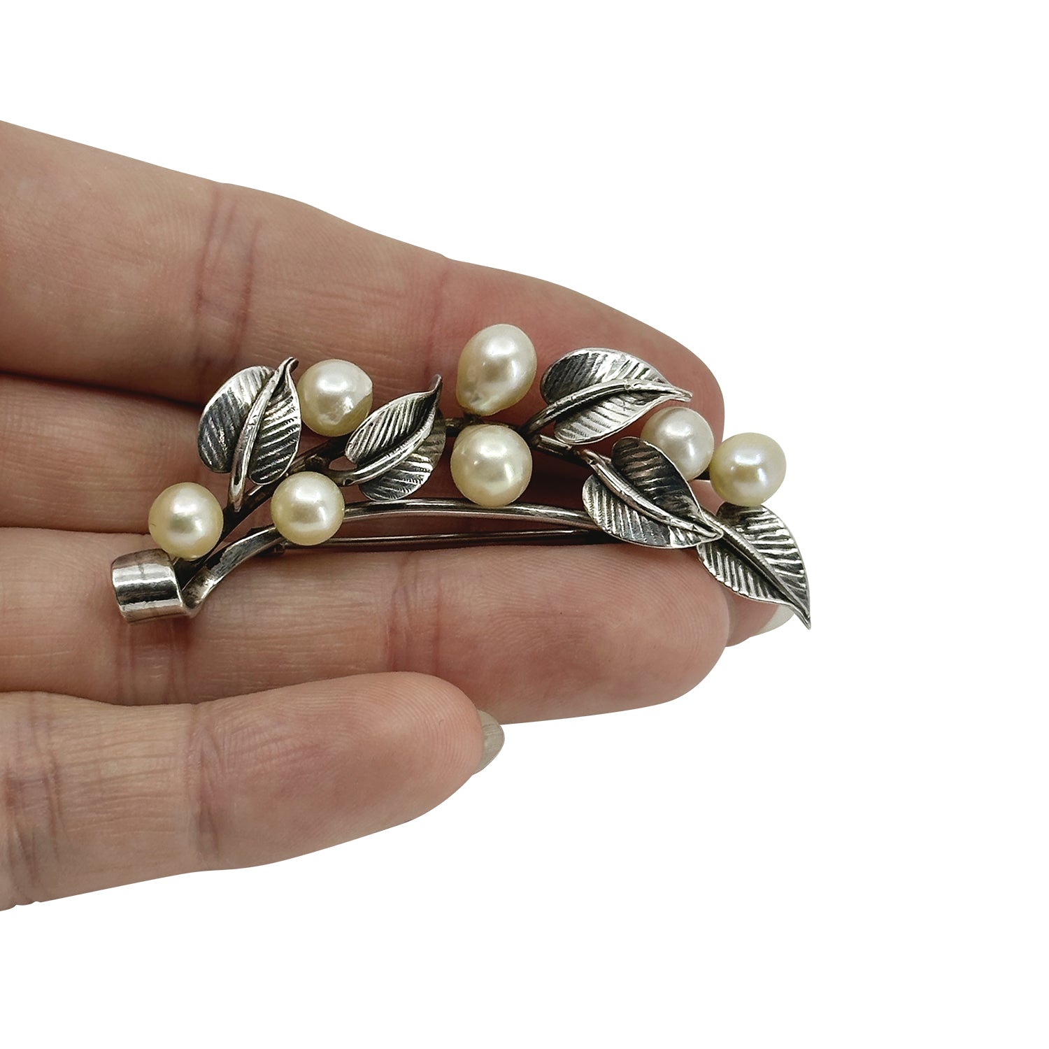 Mings Of Honolulu Vintage Hawaii Textured Leaf Akoya Saltwater Cultured Pearl Brooch - Sterling Silver