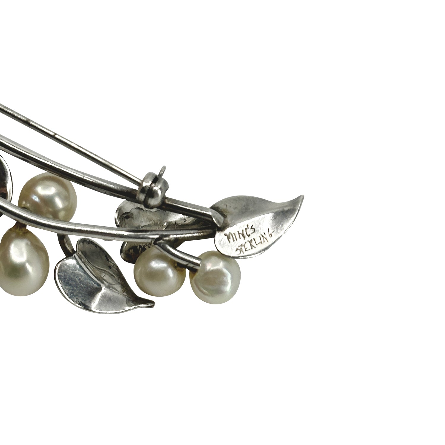 Mings Of Honolulu Vintage Hawaii Textured Leaf Akoya Saltwater Cultured Pearl Brooch - Sterling Silver