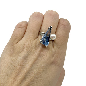 Modernist Angular Blue Topaz Japanese Saltwater Akoya Cultured Pearl Ring- 10K White Gold Size 8