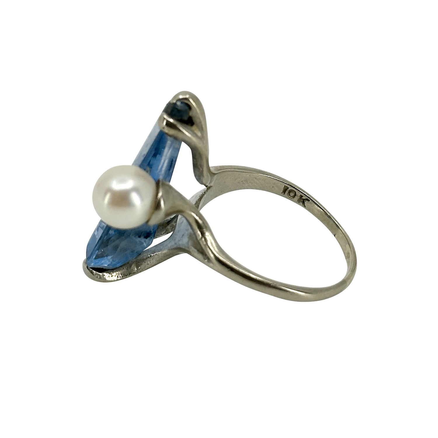 Modernist Angular Blue Topaz Japanese Saltwater Akoya Cultured Pearl Ring- 10K White Gold Size 8