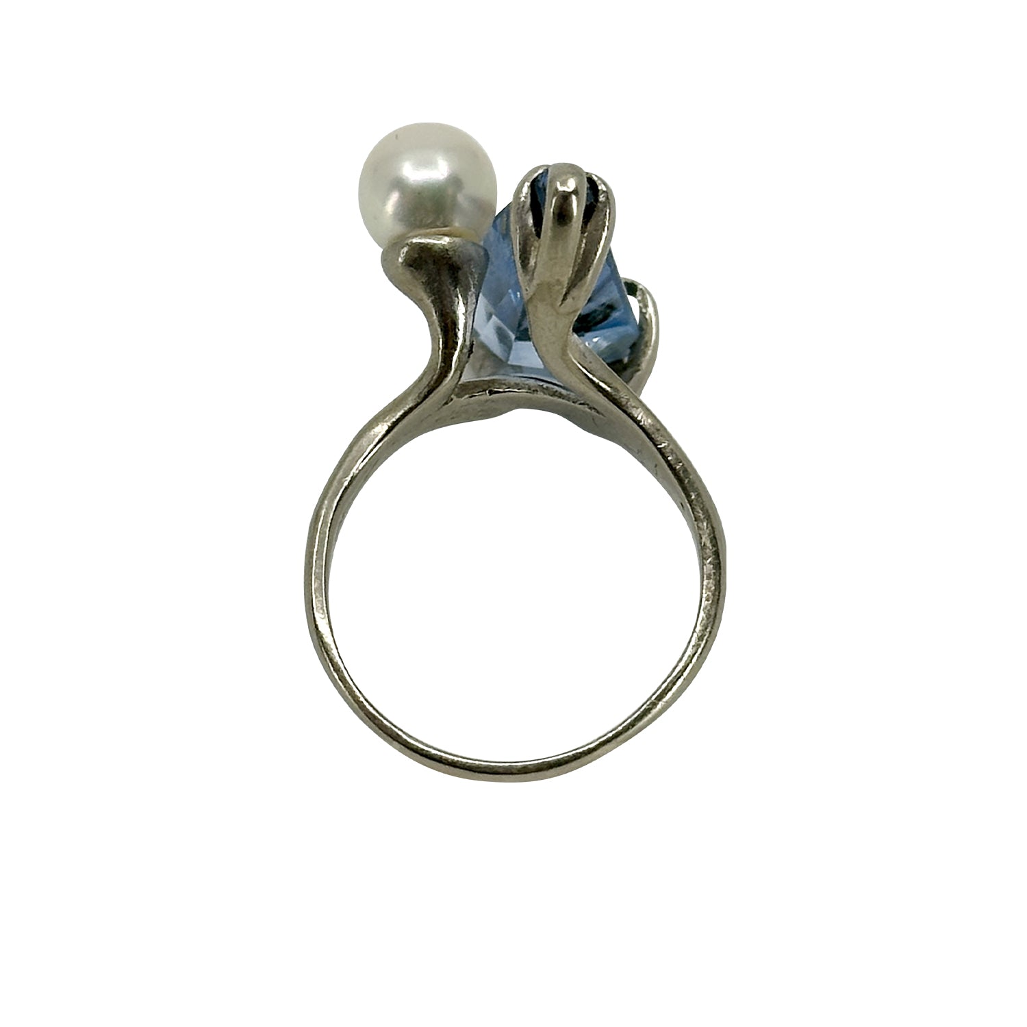 Modernist Angular Blue Topaz Japanese Saltwater Akoya Cultured Pearl Ring- 10K White Gold Size 8