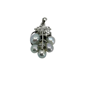 Grape Engraved Leaf Baroque Blue Japanese Saltwater Akoya Cultured Pearl Vintage Pendant Brooch- Sterling Silver