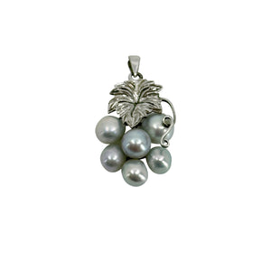 Grape Engraved Leaf Baroque Blue Japanese Saltwater Akoya Cultured Pearl Vintage Pendant Brooch- Sterling Silver