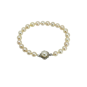 Mid Century Floral Japanese Saltwater Akoya Cultured Pearl Bracelet- German Silver 7.25 Inch