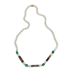 Colorful Japanese Saltwater Akoya Cultured Pearl Tiger Eye Chrysoprase Geometric Necklace- Sterling Silver 22.75 Inch