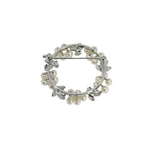 Grape Leaf Wreath Vintage Japanese Saltwater Akoya Cultured Pearl Brooch Pin- Sterling Silver