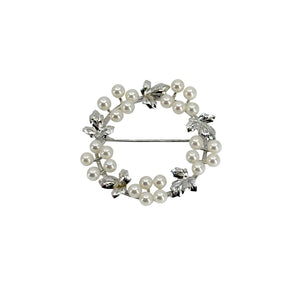 Grape Leaf Wreath Vintage Japanese Saltwater Akoya Cultured Pearl Brooch Pin- Sterling Silver