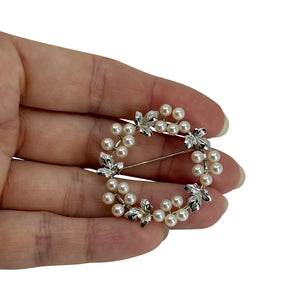 Grape Leaf Wreath Vintage Japanese Saltwater Akoya Cultured Pearl Brooch Pin- Sterling Silver