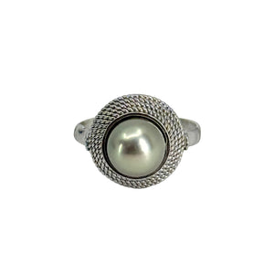 Braided Blue Gray Japanese Saltwater Akoya Cultured Pearl Vintage Solitaire Ring- Sterling Silver Sz 6.25