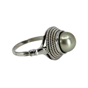 Braided Blue Gray Japanese Saltwater Akoya Cultured Pearl Vintage Solitaire Ring- Sterling Silver Sz 6.25