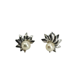 Retro Fan Swirl Japanese Saltwater Akoya Cultured Pearl Screwback Earrings- Sterling Silver