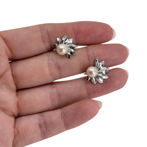 Retro Fan Swirl Japanese Saltwater Akoya Cultured Pearl Screwback Earrings- Sterling Silver