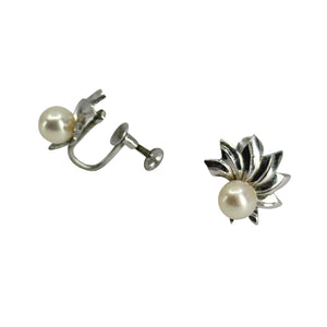 Retro Fan Swirl Japanese Saltwater Akoya Cultured Pearl Screwback Earrings- Sterling Silver