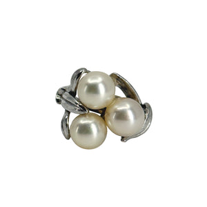 Vintage Triple Leaf Japanese Saltwater Akoya Cultured Pearl Ring- Sterling Silver Sz 7 1/4