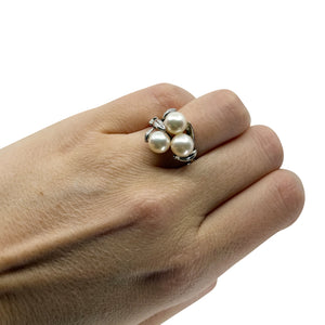 Vintage Triple Leaf Japanese Saltwater Akoya Cultured Pearl Ring- Sterling Silver Sz 7 1/4