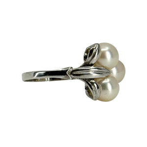 Vintage Triple Leaf Japanese Saltwater Akoya Cultured Pearl Ring- Sterling Silver Sz 7 1/4