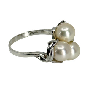 Vintage Triple Leaf Japanese Saltwater Akoya Cultured Pearl Ring- Sterling Silver Sz 7 1/4