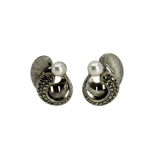 Marcasite Feather Swirl Akoya Saltwater Cultured Pearl Vintage Clip Earrings- Sterling Silver