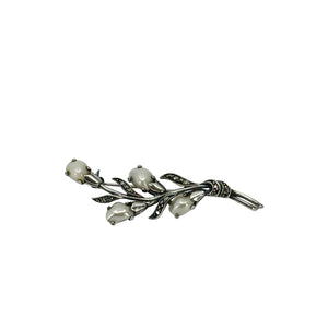 Antique Arts & Crafts Freshwater River Pearl Black Marcasite Branch Brooch- Sterling Silver