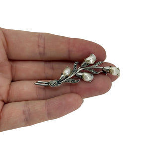 Antique Arts & Crafts Freshwater River Pearl Black Marcasite Branch Brooch- Sterling Silver