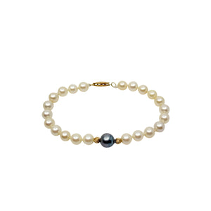 Black Tahitian & Japanese Saltwater Akoya Cultured Pearl Vintage Bracelet- 14K Yellow Gold