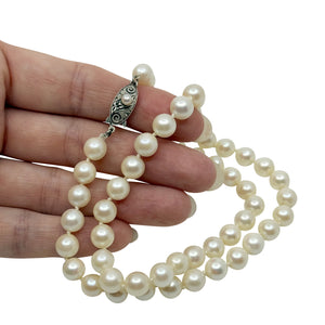 7.50mm Engraved Vintage Japanese Saltwater Akoya Cultured Pearl Necklace - Sterling Silver 19 Inch