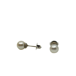 6.25mm Vintage Japanese Akoya Saltwater Cultured Pearl Solitaire Stud Pierced Earrings-Sterling Silver